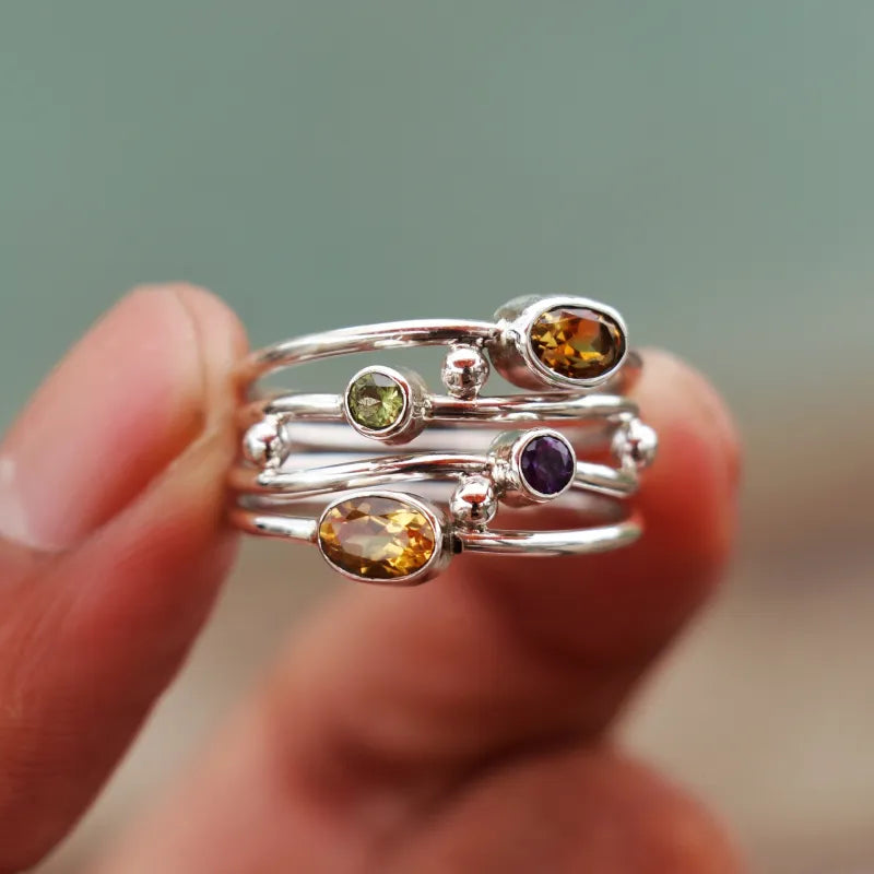 Vintage Red Crystals Layered Silver Ring
