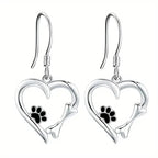 Silver Drop Earrings With Heart & Paw Design