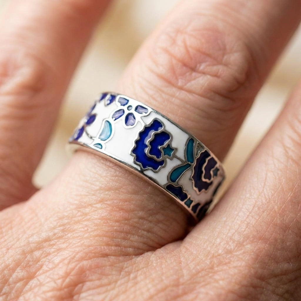 Elegant Blue Enamel Flower Ring