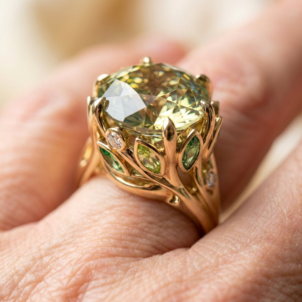 Elegant Green Leaf Crystal Ring