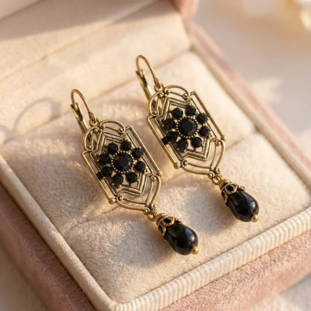Regal Pearl Black Waterdrop Stone Earrings