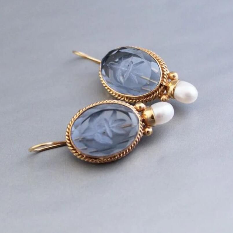 Vintage Blue Floral Engraved Gemstone Earrings