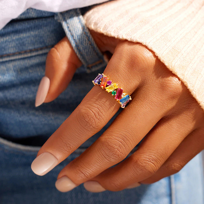 Elegant  Rainbow Baguette Eternity Band Ring