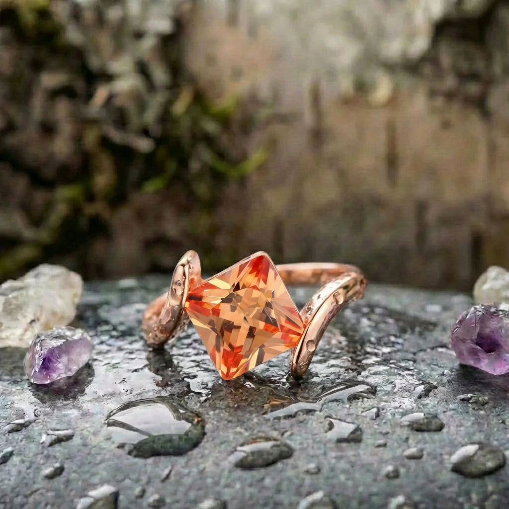 Rose Gold Pyramid Cut Orange Gem Ring