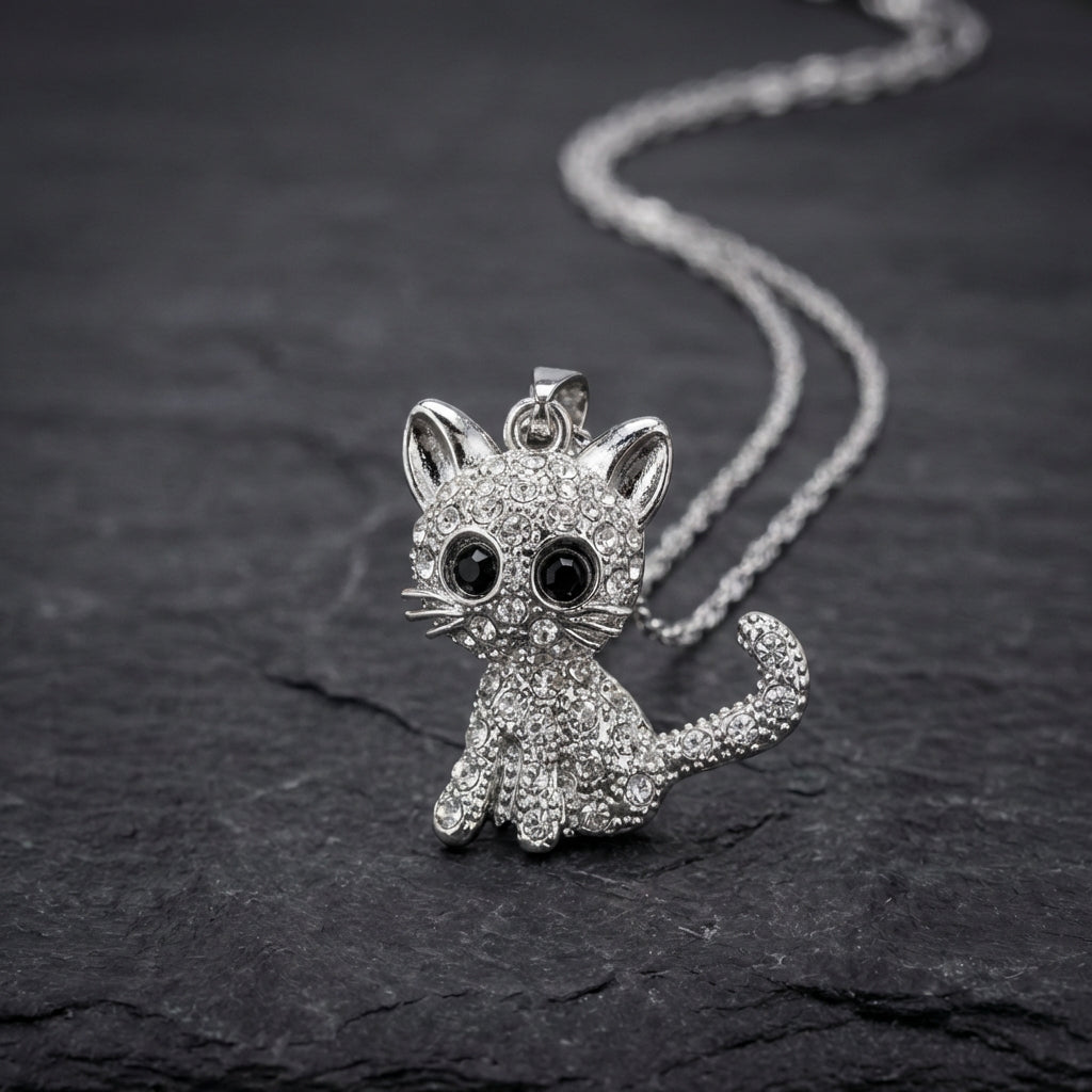 Silver Baby Kittens And Coloured Zirconia Necklace