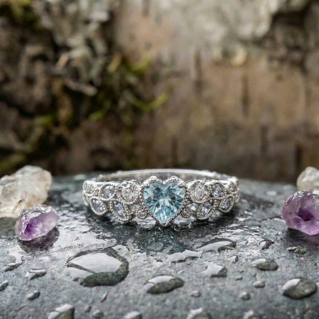 Silver Leaf Heart Blue Stone Ring