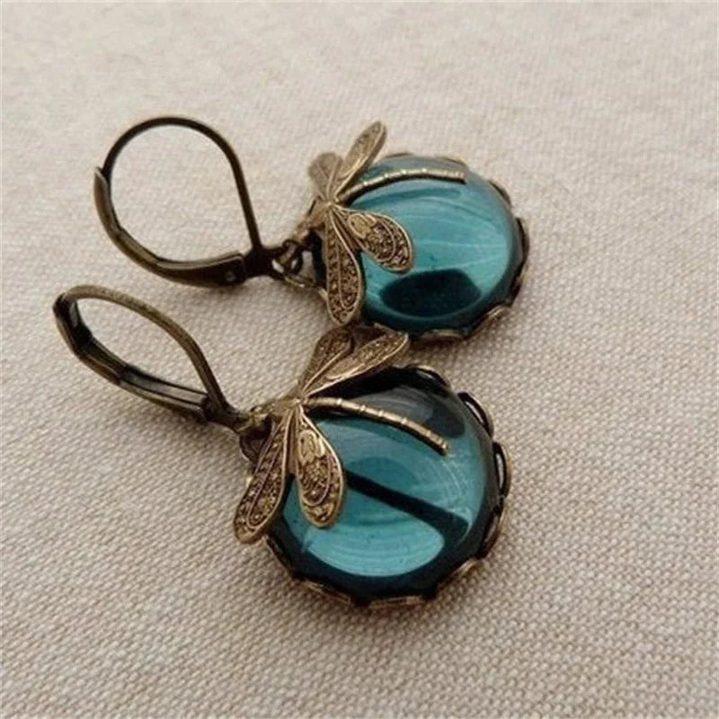 Vintage Dragonfly Teal Glass Drop Earrings Copy