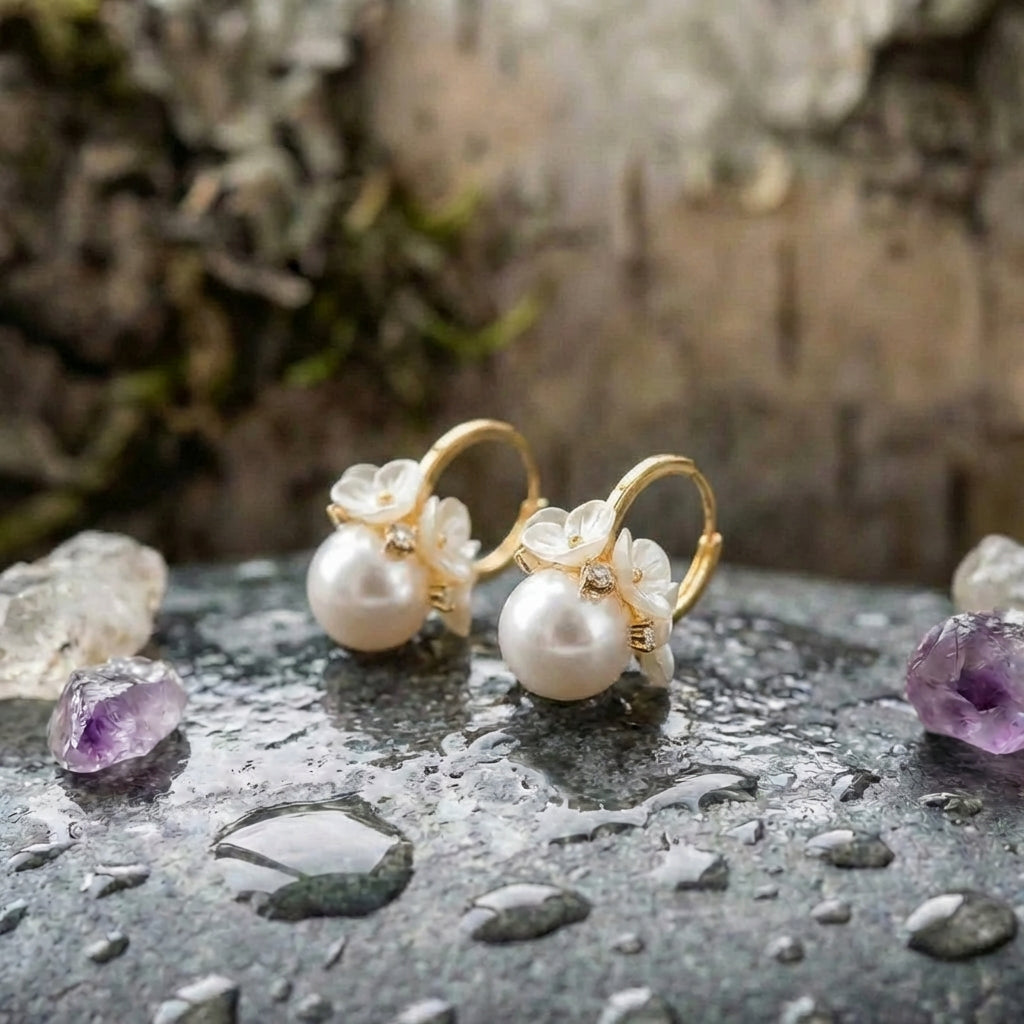 Vintage Flower Pearl Ball Pendant Earrings