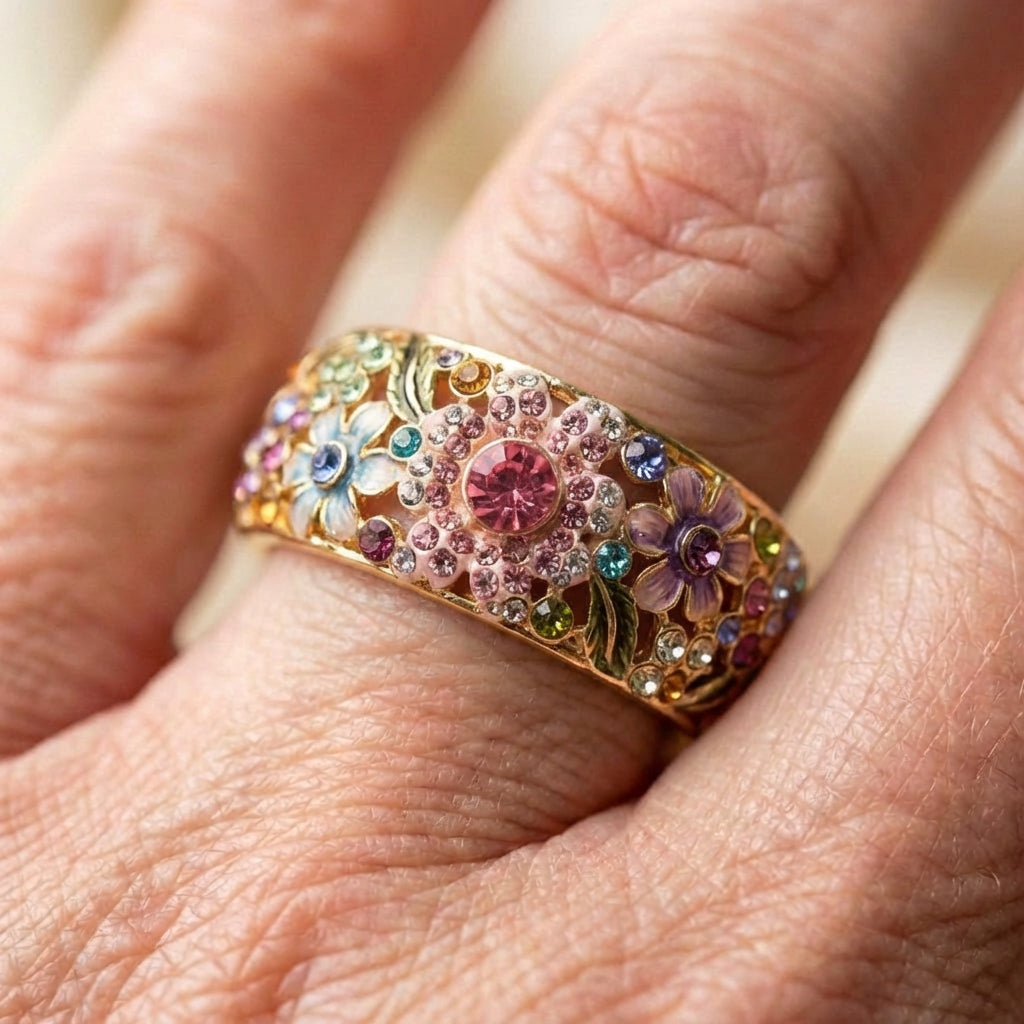 Vintage Golden Colorful Crystal Hollow Ring