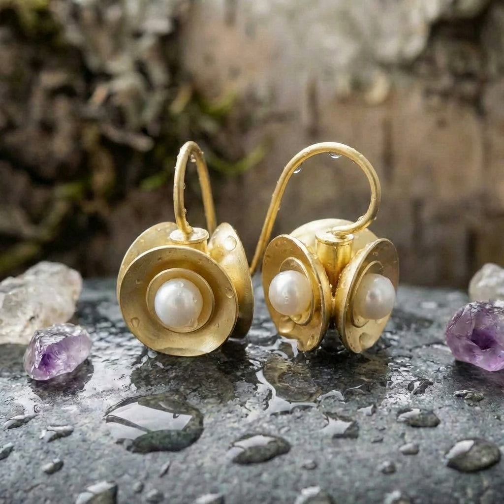 Vintage Golden Inlaid Pearl Blossom Earrings