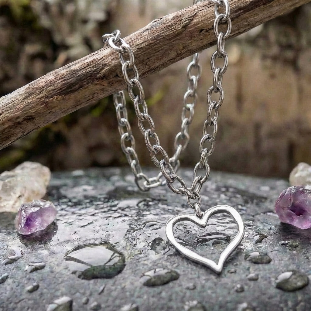 Vintage Hollow Heart Pendant Silver Necklace