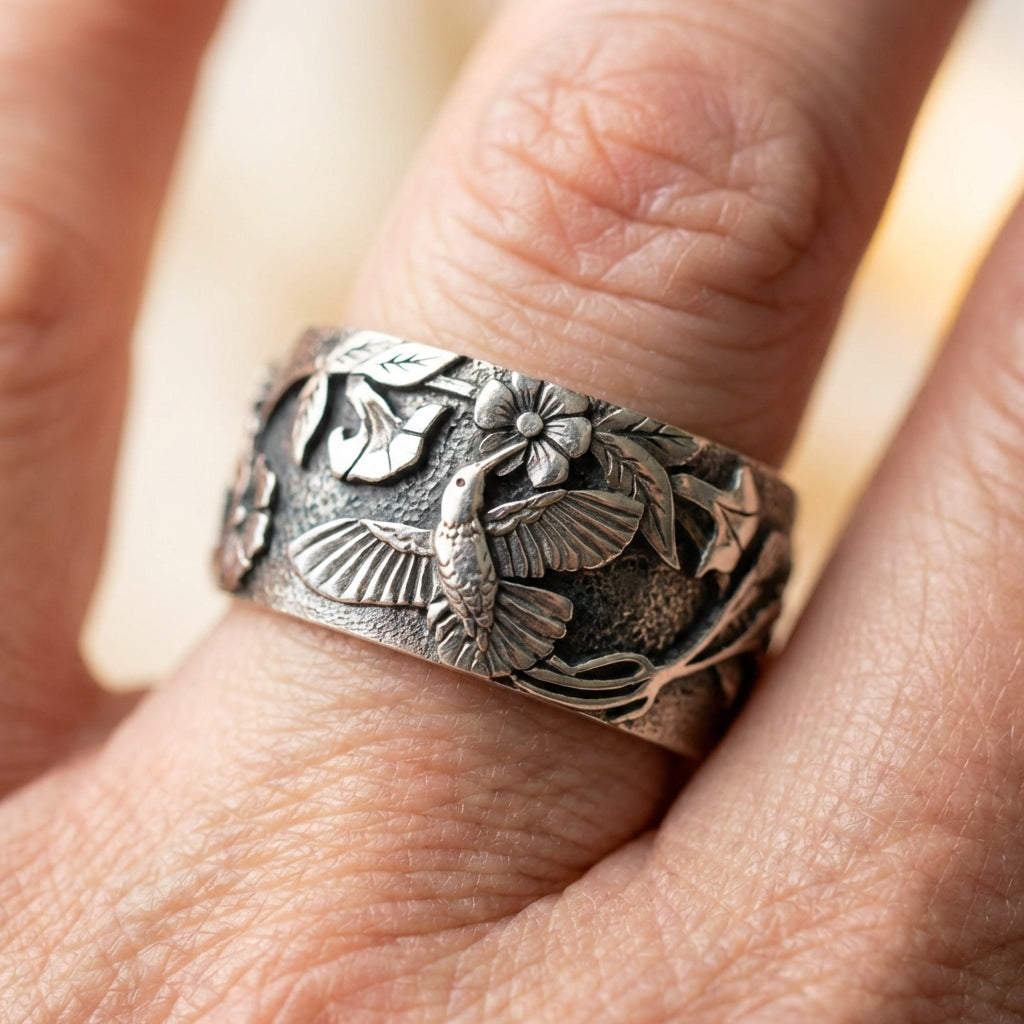 Vintage Hummingbird Flower Ring