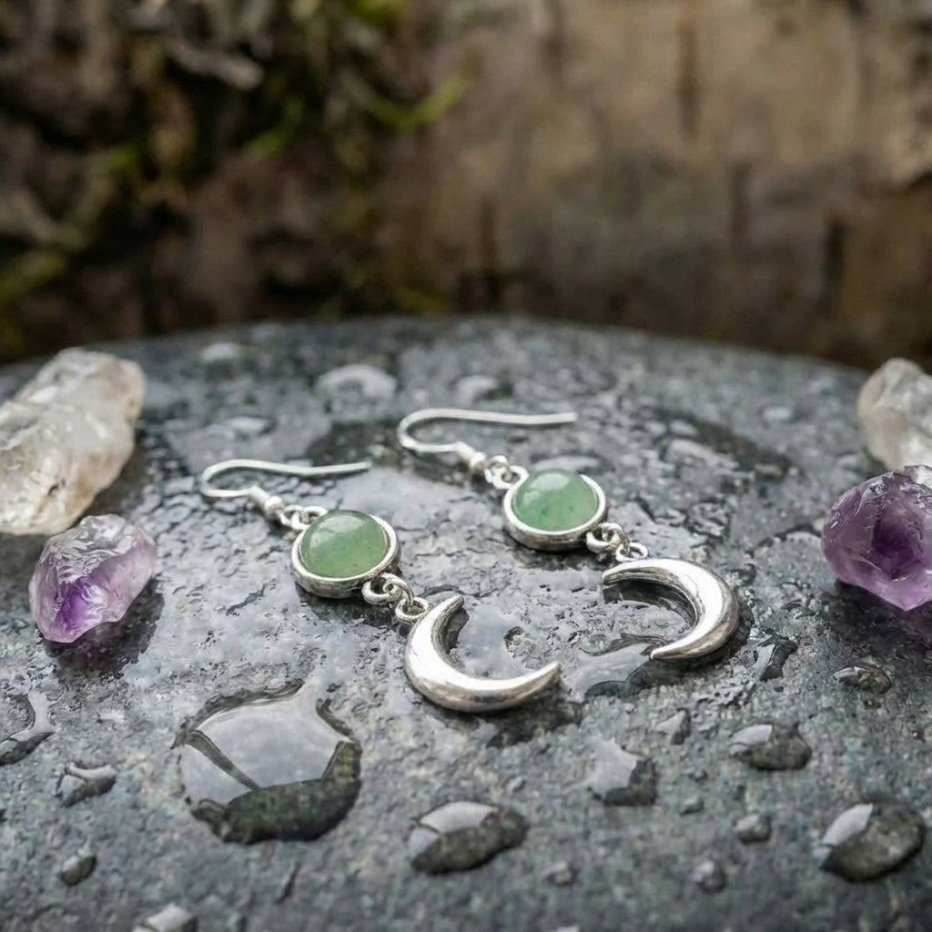 Vintage Moon Green Stone Earrings