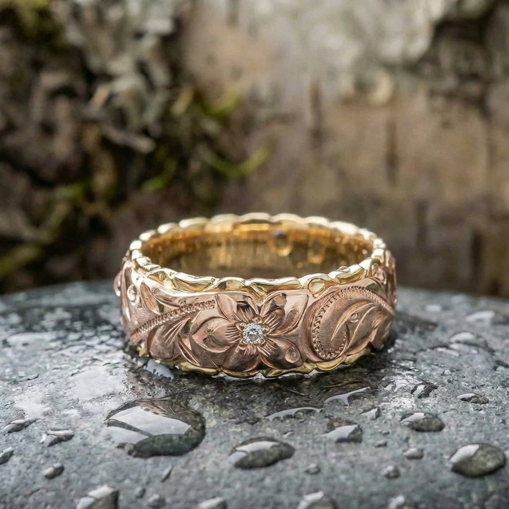A Vintage Rose Gold Flower Engraved Ring