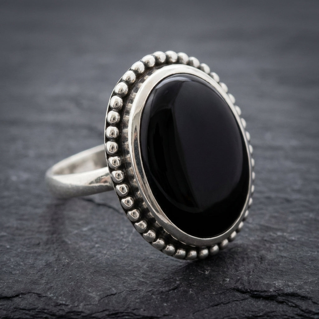Vintage Silver Color Oval Black Stone Ring
