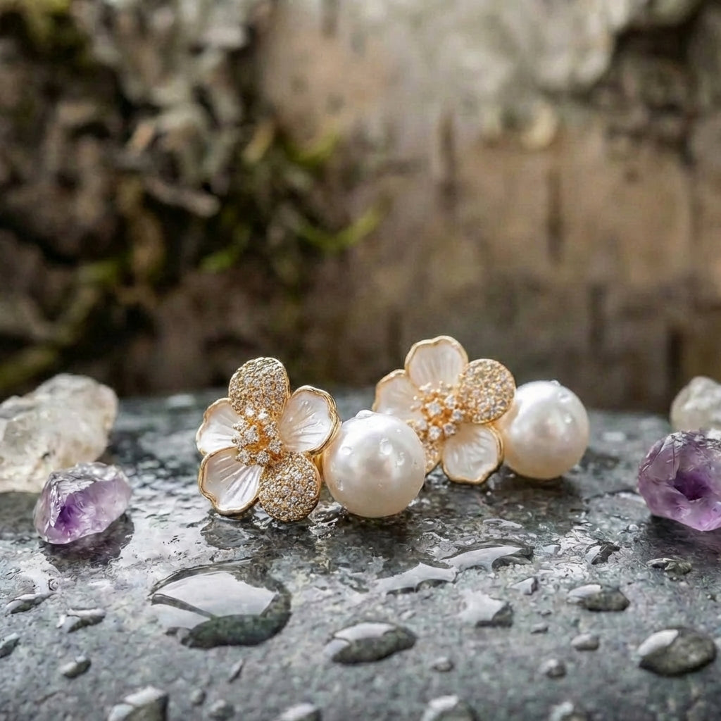 White Camellia Pearl Pendant Earrings