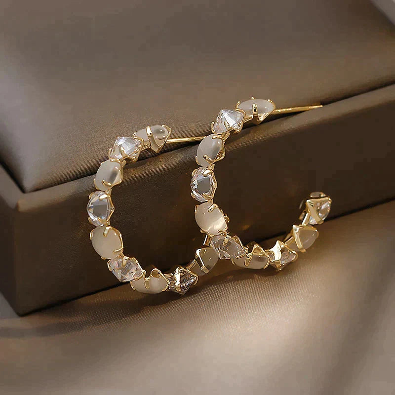 Luxury White Opal And Crystal Earrings In Gold